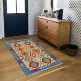 Flat Weave Kilim Antique Navaho Vintage handmade Geometric Kilim Beige Blue Hand-Woven Rectangle 100% Wool Area Rug 3x5